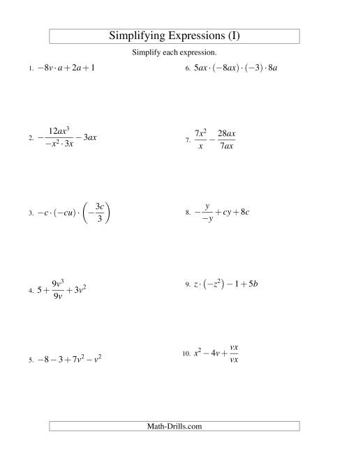 The Simplifying Algebraic Expressions with Two Variables and Four Terms (All Operations) (I) Math Worksheet