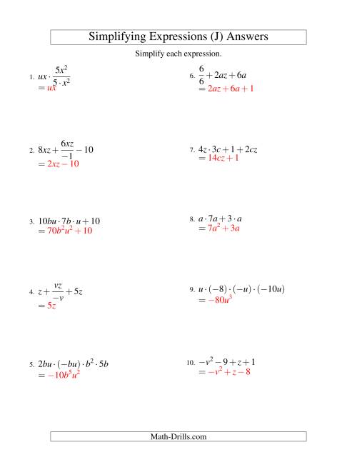 The Simplifying Algebraic Expressions with Two Variables and Four Terms (All Operations) (J) Math Worksheet Page 2