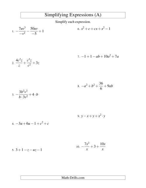 The Simplifying Algebraic Expressions with Two Variables and Five Terms (All Operations) (A) Math Worksheet