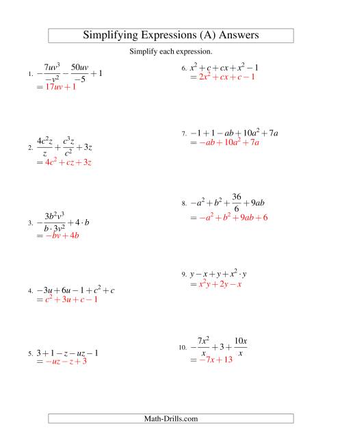The Simplifying Algebraic Expressions with Two Variables and Five Terms (All Operations) (A) Math Worksheet Page 2