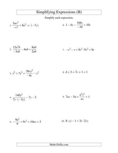 The Simplifying Algebraic Expressions with Two Variables and Five Terms (All Operations) (B) Math Worksheet