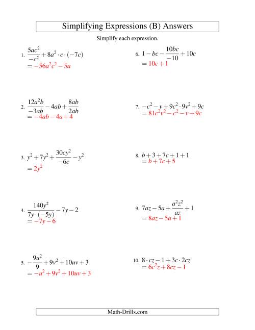 The Simplifying Algebraic Expressions with Two Variables and Five Terms (All Operations) (B) Math Worksheet Page 2