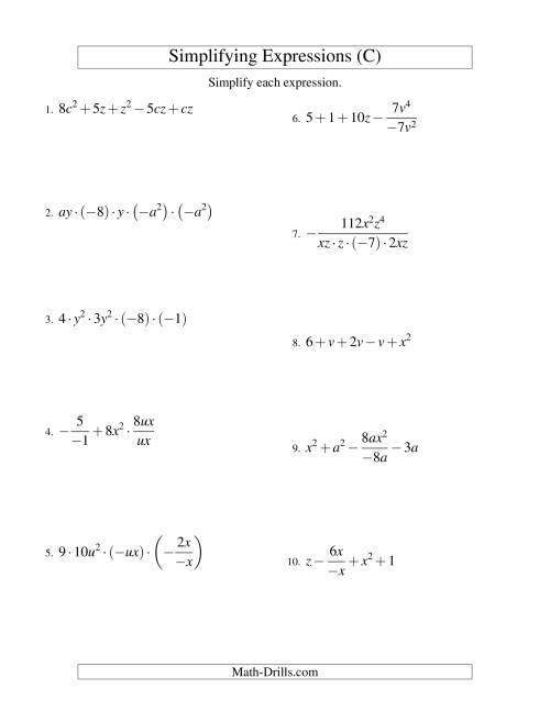 The Simplifying Algebraic Expressions with Two Variables and Five Terms (All Operations) (C) Math Worksheet