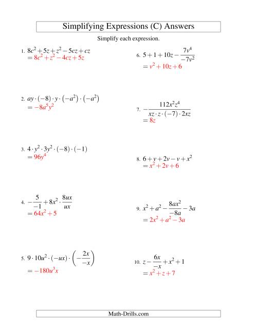 The Simplifying Algebraic Expressions with Two Variables and Five Terms (All Operations) (C) Math Worksheet Page 2