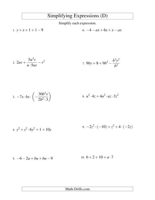 The Simplifying Algebraic Expressions with Two Variables and Five Terms (All Operations) (D) Math Worksheet