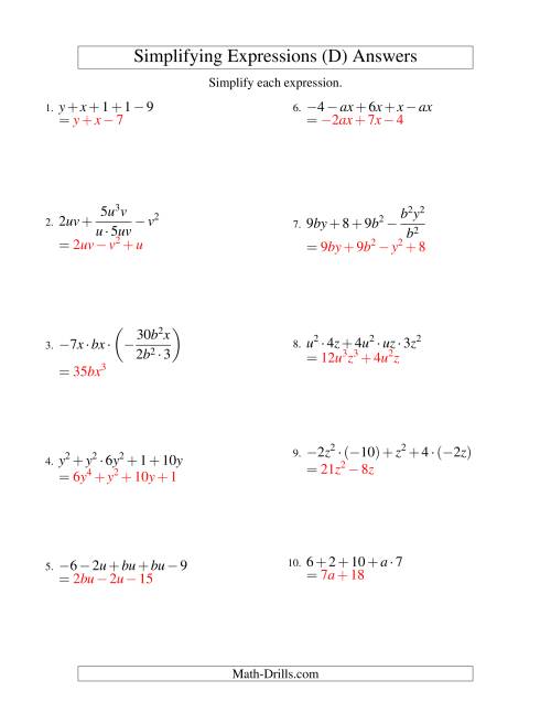 The Simplifying Algebraic Expressions with Two Variables and Five Terms (All Operations) (D) Math Worksheet Page 2