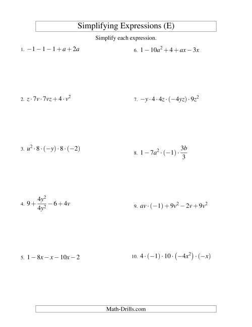 The Simplifying Algebraic Expressions with Two Variables and Five Terms (All Operations) (E) Math Worksheet