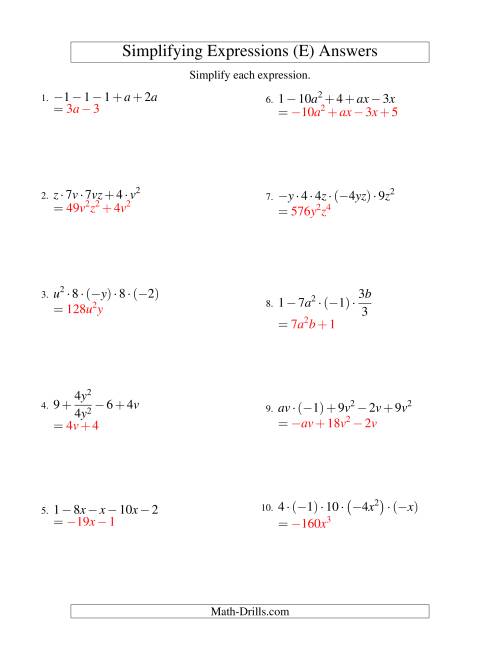 The Simplifying Algebraic Expressions with Two Variables and Five Terms (All Operations) (E) Math Worksheet Page 2