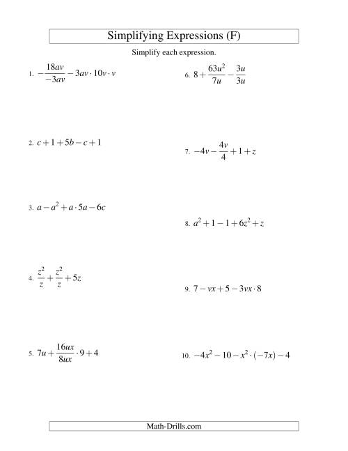 The Simplifying Algebraic Expressions with Two Variables and Five Terms (All Operations) (F) Math Worksheet