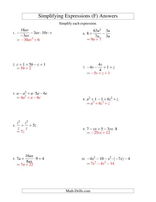 The Simplifying Algebraic Expressions with Two Variables and Five Terms (All Operations) (F) Math Worksheet Page 2