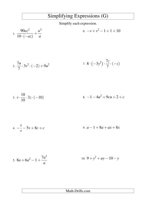 The Simplifying Algebraic Expressions with Two Variables and Five Terms (All Operations) (G) Math Worksheet