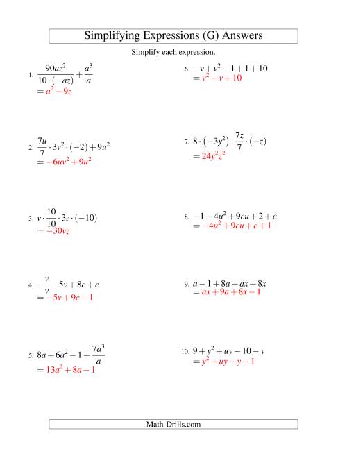 The Simplifying Algebraic Expressions with Two Variables and Five Terms (All Operations) (G) Math Worksheet Page 2