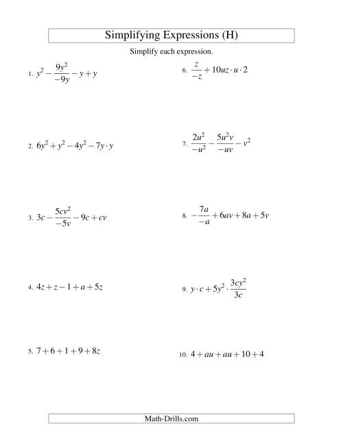 The Simplifying Algebraic Expressions with Two Variables and Five Terms (All Operations) (H) Math Worksheet