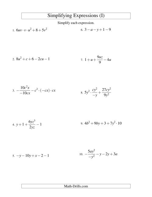 The Simplifying Algebraic Expressions with Two Variables and Five Terms (All Operations) (I) Math Worksheet