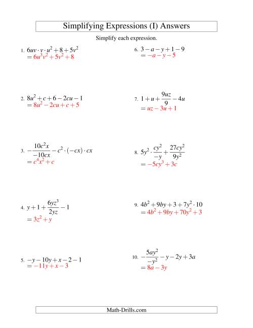 The Simplifying Algebraic Expressions with Two Variables and Five Terms (All Operations) (I) Math Worksheet Page 2