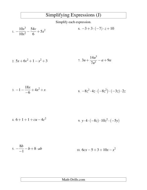 The Simplifying Algebraic Expressions with Two Variables and Five Terms (All Operations) (J) Math Worksheet