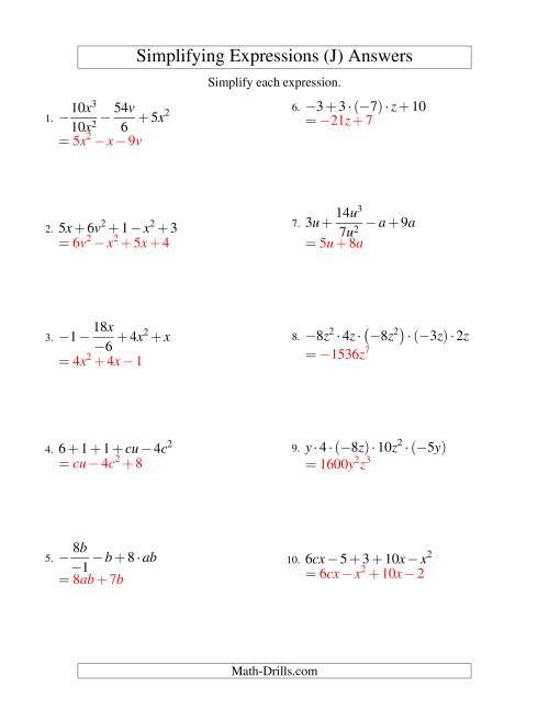 The Simplifying Algebraic Expressions with Two Variables and Five Terms (All Operations) (J) Math Worksheet Page 2