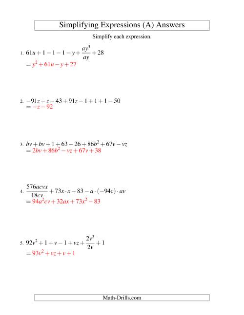 The Simplifying Algebraic Expressions (Challenge) (A) Math Worksheet Page 2