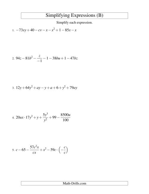 The Simplifying Algebraic Expressions (Challenge) (B) Math Worksheet