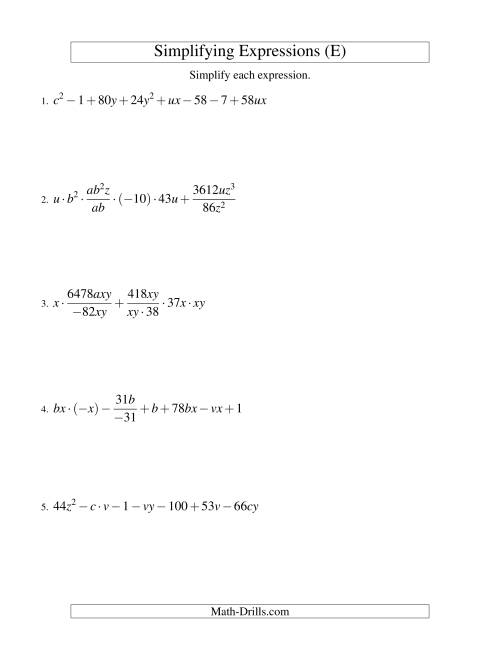 The Simplifying Algebraic Expressions (Challenge) (E) Math Worksheet