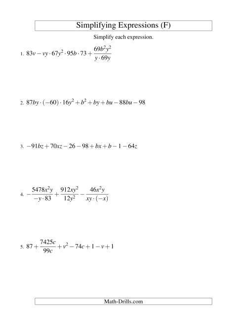 The Simplifying Algebraic Expressions (Challenge) (F) Math Worksheet