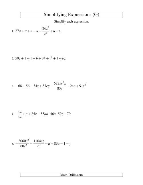 The Simplifying Algebraic Expressions (Challenge) (G) Math Worksheet