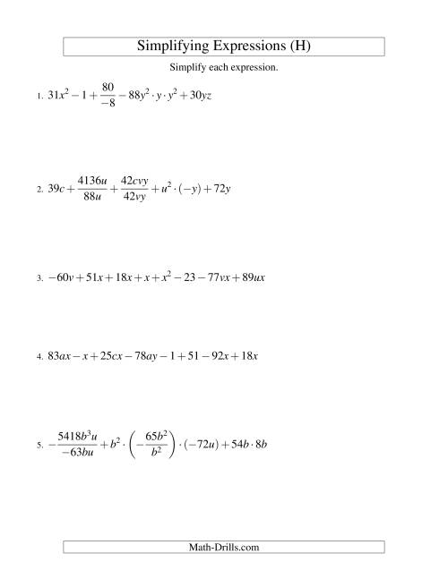 The Simplifying Algebraic Expressions (Challenge) (H) Math Worksheet
