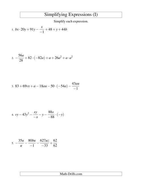 The Simplifying Algebraic Expressions (Challenge) (I) Math Worksheet