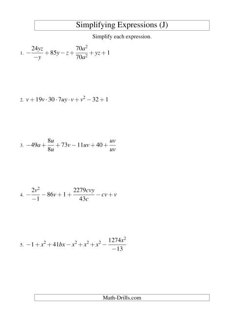 The Simplifying Algebraic Expressions (Challenge) (J) Math Worksheet