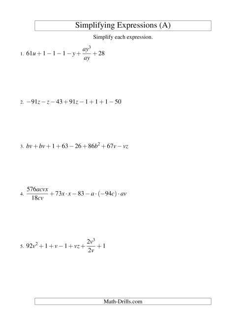 The Simplifying Algebraic Expressions (Challenge) (All) Math Worksheet