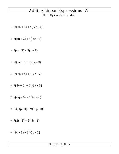 The Adding and Simplifying Linear Expressions with Multipliers (A) Math Worksheet