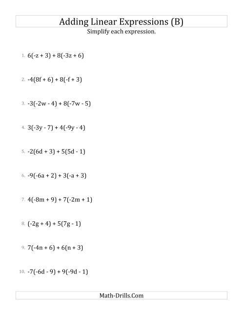 The Adding and Simplifying Linear Expressions with Multipliers (B) Math Worksheet