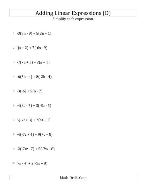The Adding and Simplifying Linear Expressions with Multipliers (D) Math Worksheet
