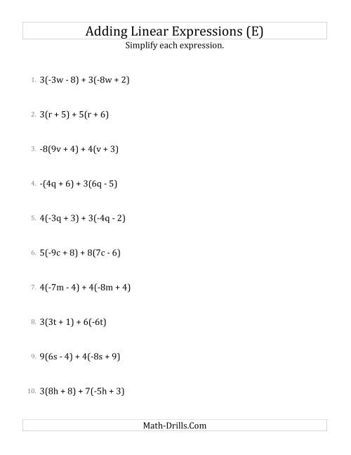 The Adding and Simplifying Linear Expressions with Multipliers (E) Math Worksheet