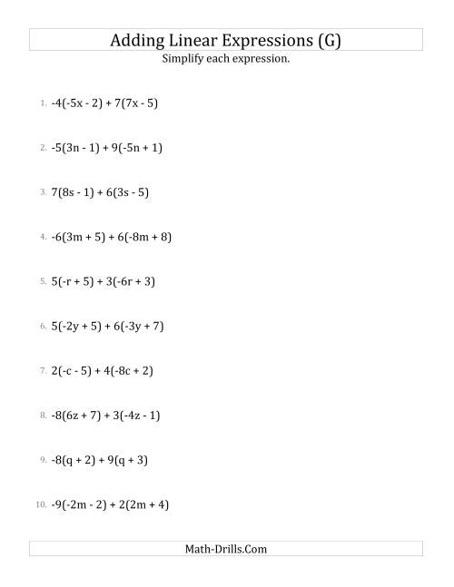 The Adding and Simplifying Linear Expressions with Multipliers (G) Math Worksheet