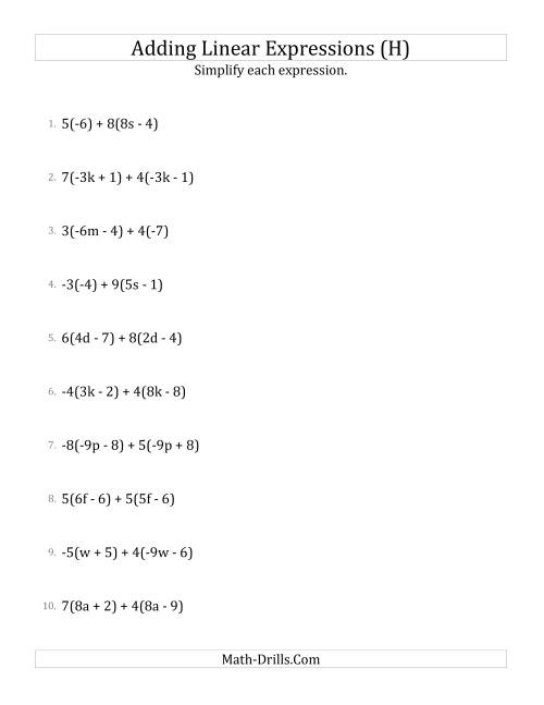The Adding and Simplifying Linear Expressions with Multipliers (H) Math Worksheet