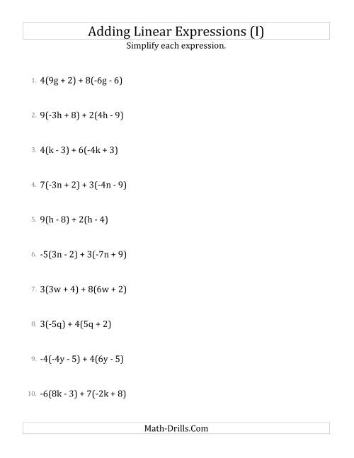 The Adding and Simplifying Linear Expressions with Multipliers (I) Math Worksheet