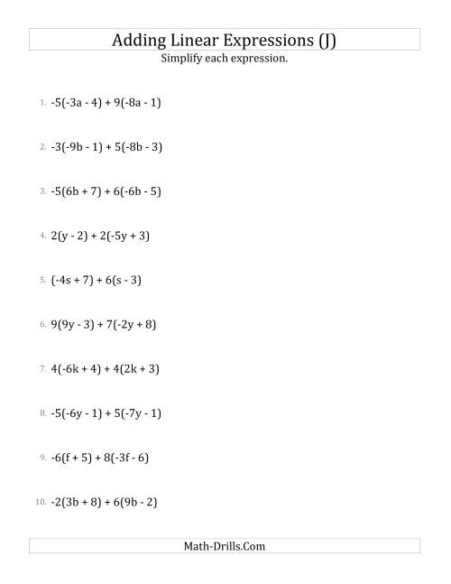 The Adding and Simplifying Linear Expressions with Multipliers (J) Math Worksheet