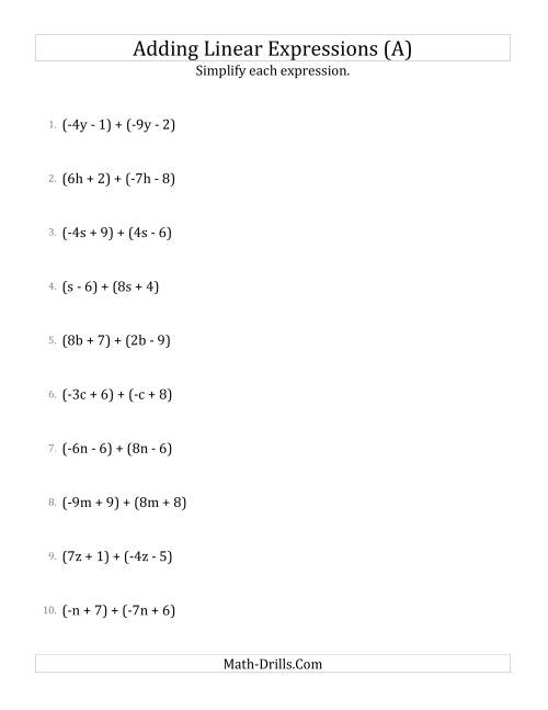 The Adding and Simplifying Linear Expressions (A) Math Worksheet