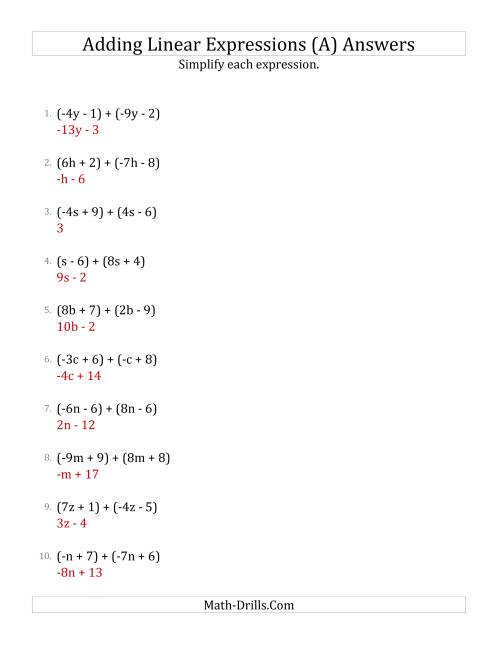 The Adding and Simplifying Linear Expressions (A) Math Worksheet Page 2