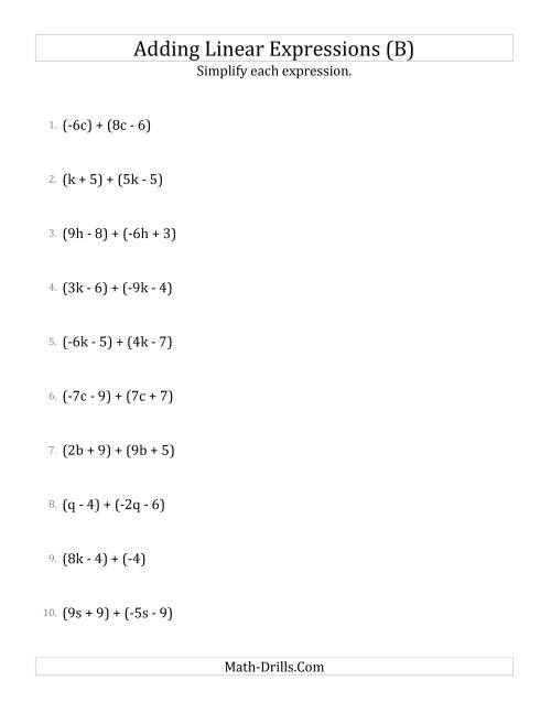 The Adding and Simplifying Linear Expressions (B) Math Worksheet