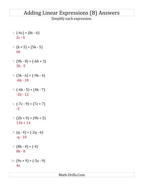 The Adding and Simplifying Linear Expressions (B) Math Worksheet Page 2