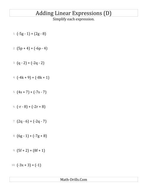 The Adding and Simplifying Linear Expressions (D) Math Worksheet