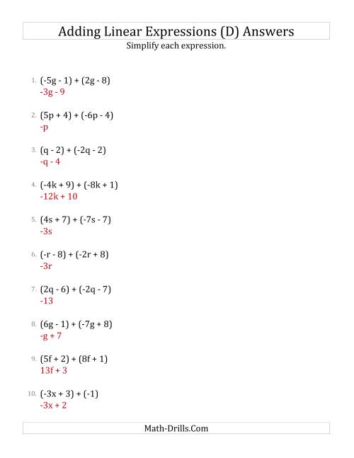 The Adding and Simplifying Linear Expressions (D) Math Worksheet Page 2