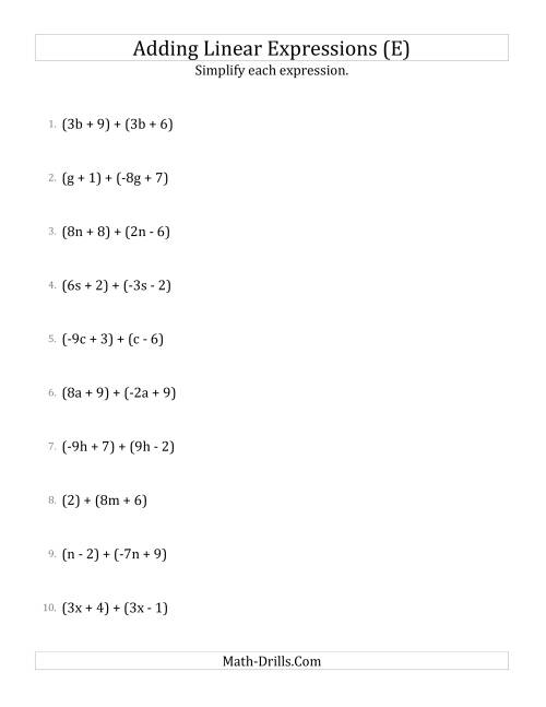 The Adding and Simplifying Linear Expressions (E) Math Worksheet
