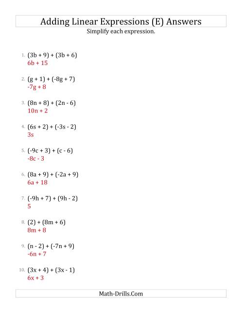 The Adding and Simplifying Linear Expressions (E) Math Worksheet Page 2