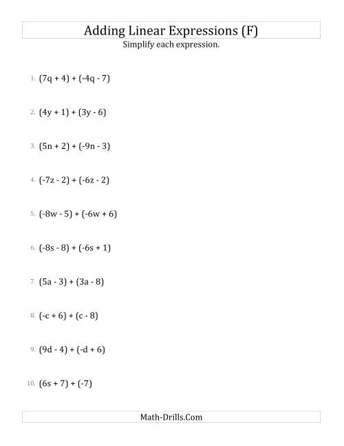 The Adding and Simplifying Linear Expressions (F) Math Worksheet