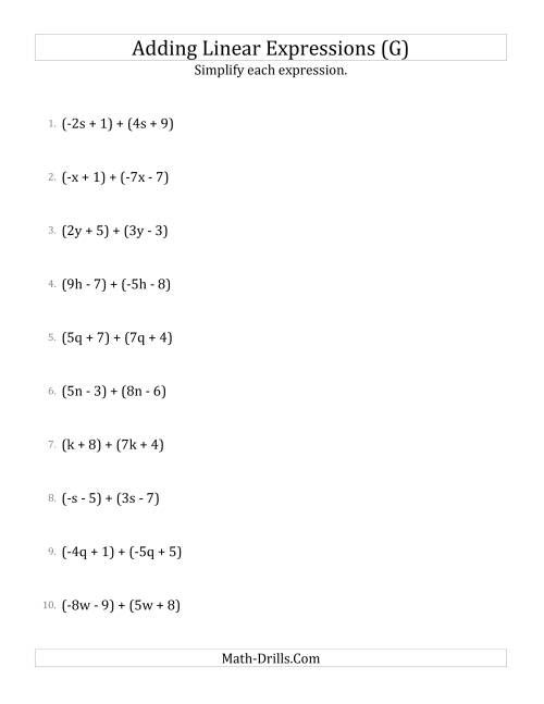 The Adding and Simplifying Linear Expressions (G) Math Worksheet