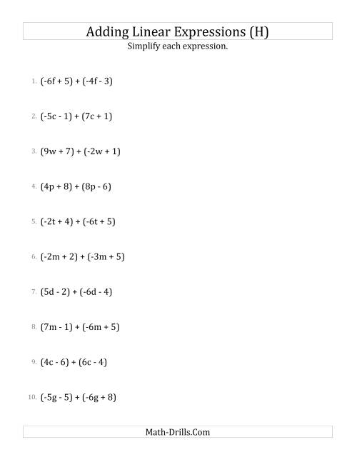 The Adding and Simplifying Linear Expressions (H) Math Worksheet