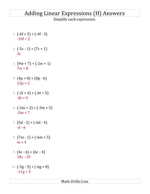 The Adding and Simplifying Linear Expressions (H) Math Worksheet Page 2